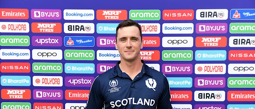 Chris Sole of Scotland poses after being named Player of the Match following the ICC Men's Cricket World Cup Qualifier Zimbabwe 2023 match between Zimbabwe and Scotland at Queen’s Sports Club on July 04, 2023 in Bulawayo, Zimbabwe.