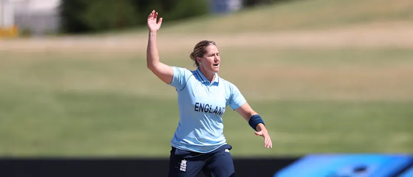 Katherine Brunt of England reacts after a delivery during the 2022 ICC Women's Cricket World Cup match between England and India at Bay Oval on March 16, 2022 in Tauranga, New Zealand.