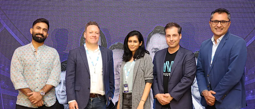 ICC Nium Hackathon Judges L-R Dinesh Karthik, ICC Finn Bradshaw, Nium Jaya Kapur, Nium Joaquin Ayuso De Paul, Picture Board Partners Unmish Parthasarathi