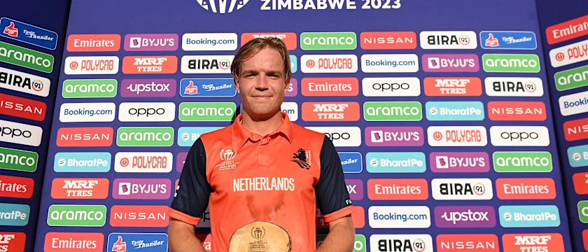 Bas de Leede of Netherlands poses after being named Player of the Match following the ICC Men's Cricket World Cup Qualifier Zimbabwe 2023 Super 6 match between Scotland and Netherlands at Queen’s Sports Club on July 06, 2023 in Bulawayo, Zimbabwe.