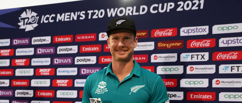 Jimmy Neesham of New Zealand poses after being named Player of the Match following the ICC Men's T20 World Cup match between New Zealand and Namibia at Sharjah Cricket Stadium on November 05, 2021 in Sharjah, United Arab Emirates.