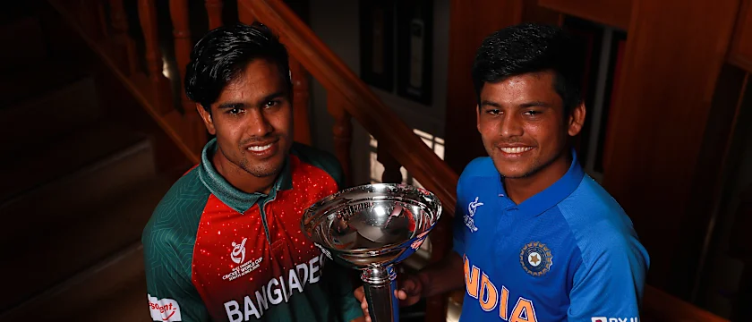 Mohammad Akbar Ali, captain of Bangladesh and Priyam Garg, captain of India pictured during a Captains photocall ahead of the ICC U19 Cricket World Cup Final 2020 at JB Marks Oval on February 08, 2020 in Potchefstroom, South Africa.