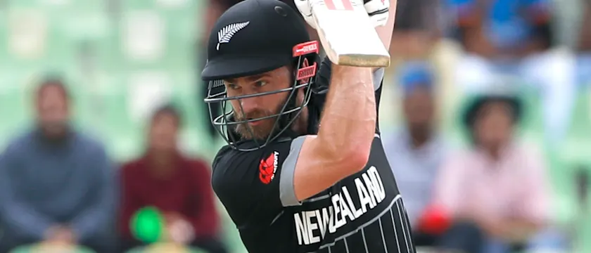 Kane Williamson of the New Zealand play a shot during the ICC Men's Cricket World Cup India 2023 warm up match between New Zealand and South Africa