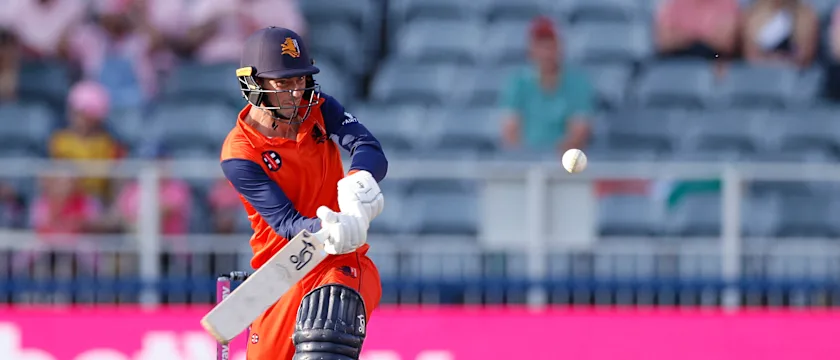 Netherland's Scott Edwards looks at the ball during the second one-day international (ODI) cricket match between South Africa and Netherlands at Wanderers Stadium in Johannesburg on April 2, 2023.
