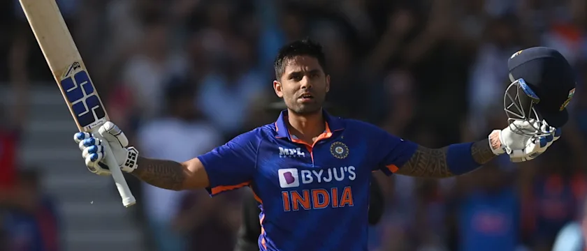 Suryakumar Yadav celebrates his century against England