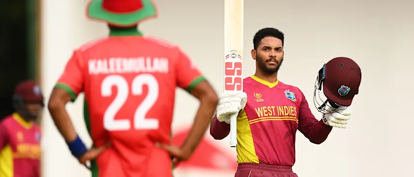 Brandon King of West Indies celebrates their century during the ICC Men's Cricket World Cup Qualifier Zimbabwe 2023 Super 6 match between West Indies and Oman at Harare Sports Club on July 05, 2023 in Harare, Zimbabwe.