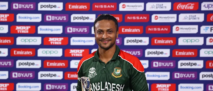Shakib Al Hasan of Bangladesh poses after being named Player of the Match following the ICC Men's T20 World Cup match between Bangladesh and Oman at Oman Cricket Academy Ground on October 19, 2021 in Muscat, Oman.