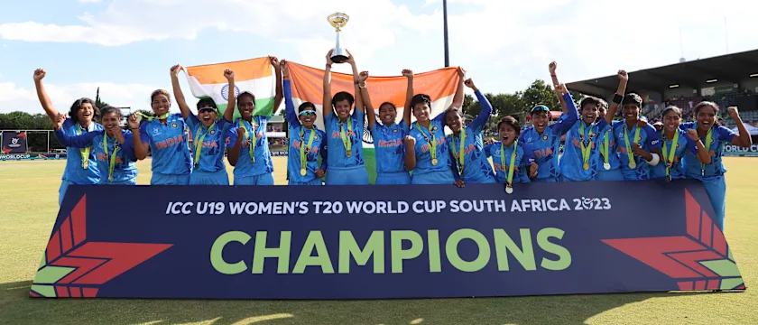 Shafali Verma of India lifts the ICC Women's U19 T20 World Cup Trophy following the ICC Women's U19 T20 World Cup 2023 Final match between India and England at JB Marks Oval on January 29, 2023 in Potchefstroom, South Africa.