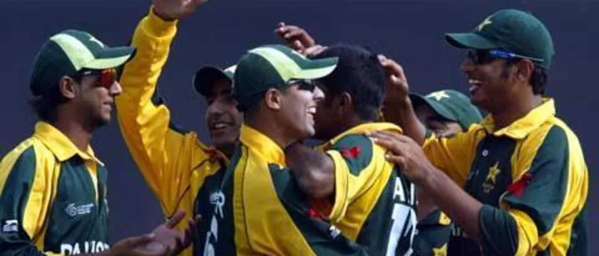 2049 Pakistan?s U/19 team during a game against Australia at the ICC U/19 Cricket World Cup 2008