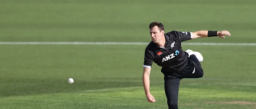 Matt Henry of New Zealand fields the ball during game three of the One Day International series between New Zealand and Sri Lanka at Seddon Park on March 31, 2023 in Hamilton, New Zealand.