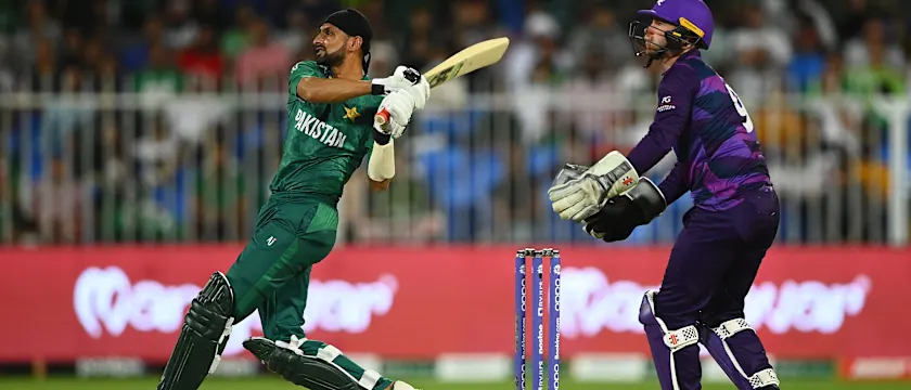 Shoaib Malik of Pakistan plays a shot as Matthew Cross of Scotland keeps during the ICC Men's T20 World Cup match between Pakistan and Scotland at Sharjah Cricket Stadium on November 07, 2021 in Sharjah, United Arab Emirates.