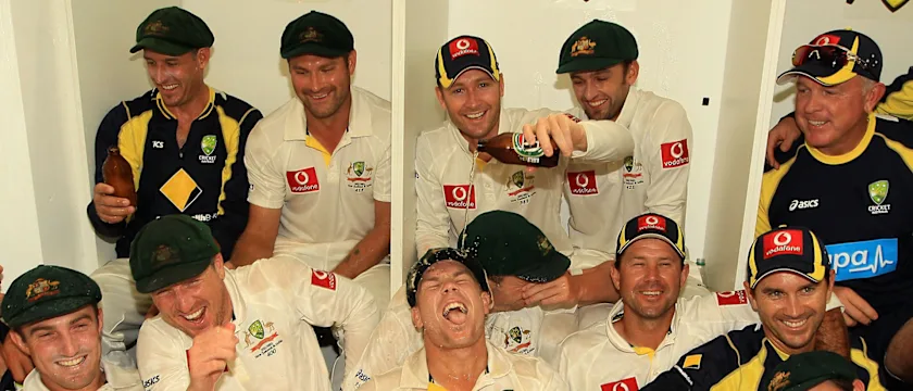 Warner is front and centre for celebrations after the Test victory