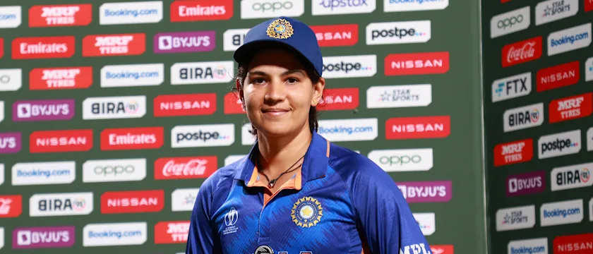 Player of the Match Yastika Bhatia of India poses for photographs after her team's victory in the 2022 ICC Women's Cricket World Cup match between India and Bangladesh at Seddon Park on March 22, 2022 in Hamilton, New Zealand.