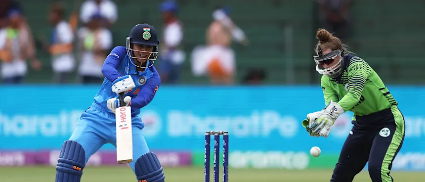 Smriti Mandhana of India plays a shot during the ICC Women's T20 World Cup group B match between India and Ireland at St George's Park on February 20, 2023 in Gqeberha, South Africa.