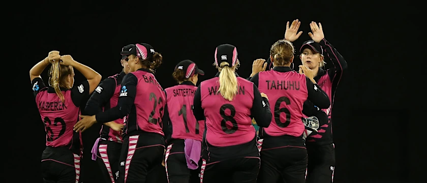 Lea Tahuhu of New Zealand celebrates a wicket with team mates during the ICC Women's World T20 2018 match between New Zealand and Pakistan at Guyana National Stadium on November 15, 2018 in Providence, Guyana.