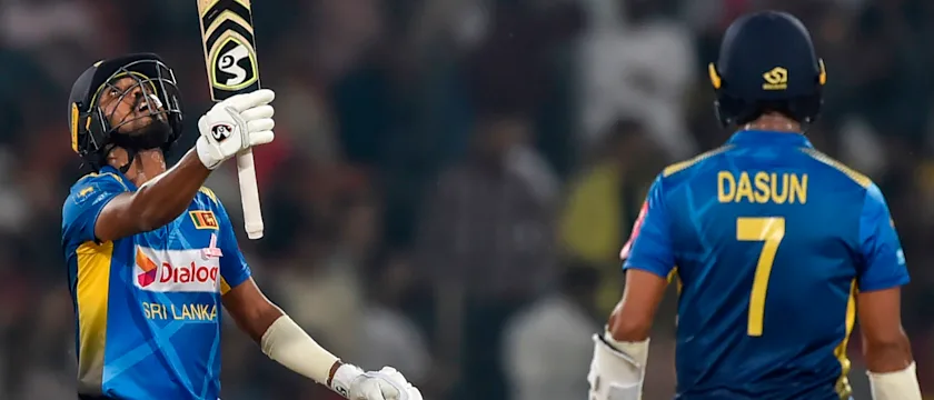 Oshada Fernando celebrates his fifty in the third T20I