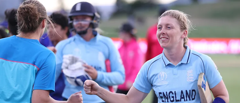 Heather Knight of England reacts after winning the 2022 ICC Women's Cricket World Cup match between England and India at Bay Oval on March 16, 2022 in Tauranga, New Zealand.