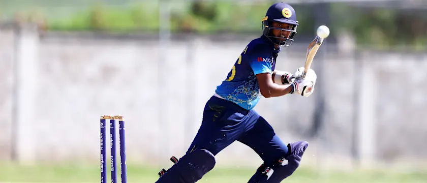 Sadisha Rajapaksa of Sri Lanka plays a shot during the ICC U19 Men's Cricket World Cup match between West Indies and Sri Lanka at Conaree Sports Club on January 21, 2022 in Basseterre, Saint Kitts and Nevis.