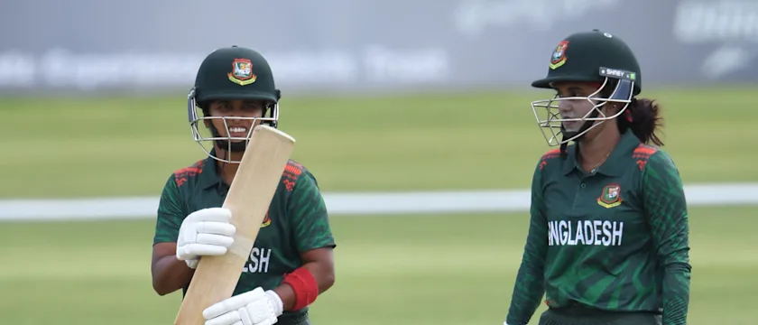 Fargana Hoque Pinky of Bangladesh celebrates her 50 runs