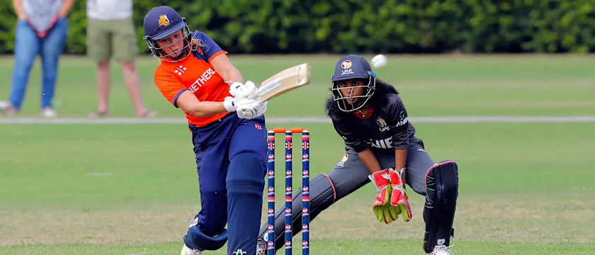 Match 3: Netherlands Batsmen Sterre Kalis plays a shot, Netherlands Women v UAE Women, Group A, ICC Women's World Twenty20 Qualifier at Utrecht, Jul 7 2018.