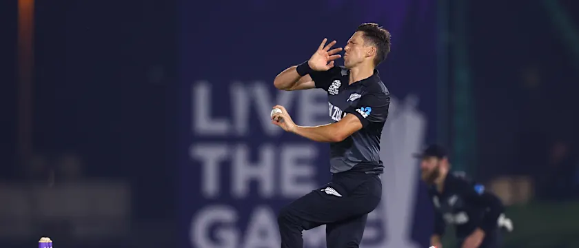 Trent Boult of New Zealand during the New Zealand and Australia warm Up Match prior to the ICC Men's T20 World Cup at on October 18, 2021 in Abu Dhabi, United Arab Emirates.