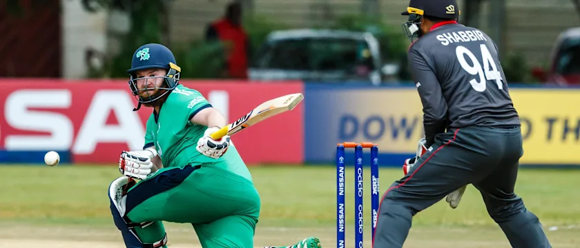 Irish batsman Paul Stirling sweeps the ball during a Group A World Cup Qualifier cricket match between United Arab Emirates and Ireland at Old Hararians Sports Club in Harare March 12 2018 (©ICC).