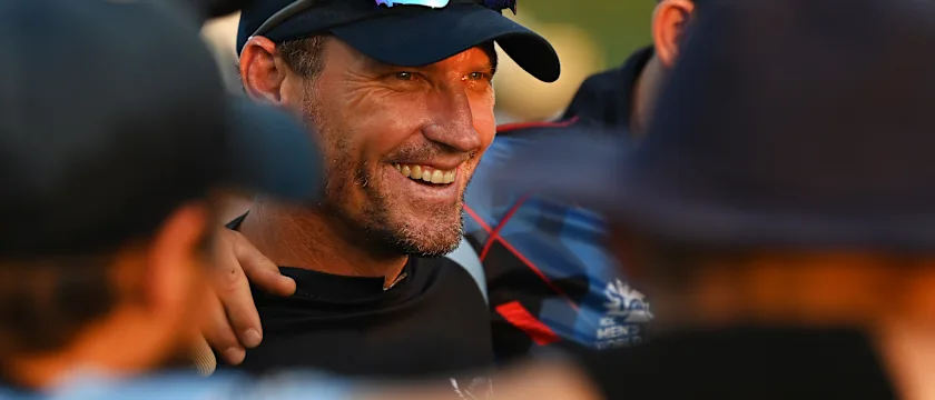 Pierre de Bruyn, Head Coach of Namibia looks on ahead of the ICC Men's T20 World Cup match between Scotland and Namibia at Sheikh Zayed stadium on October 27, 2021 in Abu Dhabi, United Arab Emirates.