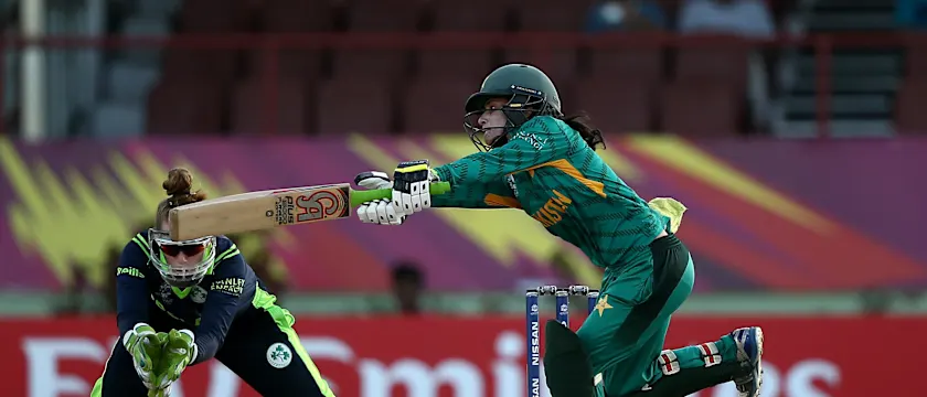 Javeria Khan of Pakistan bats with Mary Waldron, wicket keeper of Ireland looking on during the ICC Women's World T20 2018 match between Pakistan and Ireland at Guyana National Stadium on November 13, 2018 in Providence, Guyana.