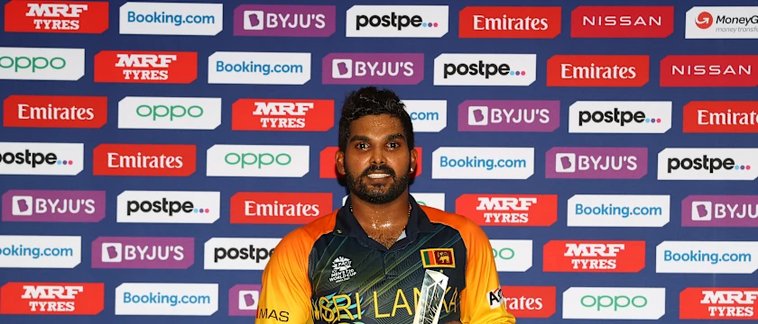 Wanindu Hasaranga of Sri Lanka poses after being named Player of the Match following the ICC Men's T20 World Cup match between Sri Lanka and Ireland at Sheikh Zayed stadium on October 20, 2021 in Abu Dhabi, United Arab Emirates.