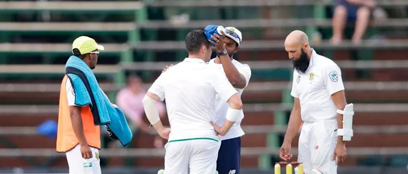Dean Elgar received treatment after a blow to the helmet