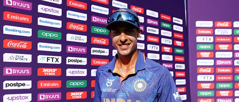 Harnoor Singh of India poses after being named Player of the Match following the ICC U19 Men's Cricket World Cup match between India and Ireland at the Brian Lara Cricket Academy on January 19, 2022 in Tarouba, Trinidad And Tobago.