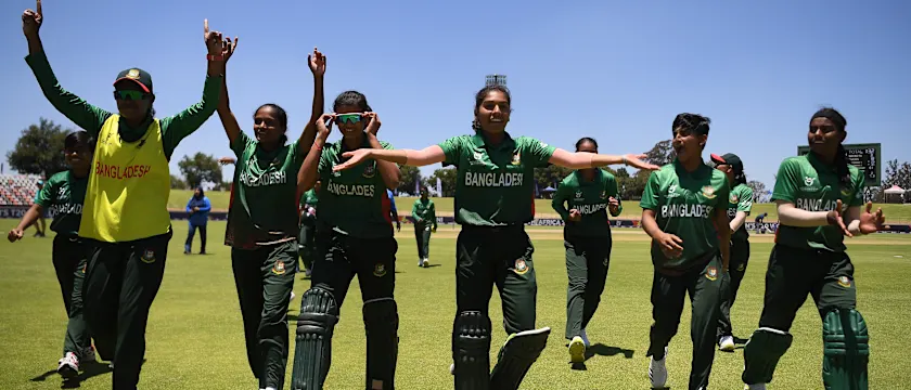 Players of Bangladesh celebrate following the ICC Women's U19 T20 World Cup 2023 match between Australia and Bangladesh at Willowmoore Park on January 14, 2023 in Benoni, South Africa.
