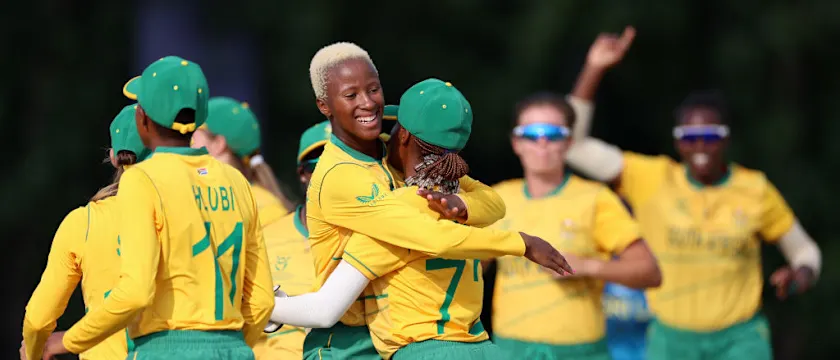 Players of South Africa celebrate the wicket of Vidushika Perera of Sri Lanka during the ICC Women's U19 T20 World Cup 2023 Super 6 match between South Africa and Sri Lanka at North-West University Oval on January 24, 2023 in Potchefstroom, South Africa.