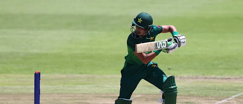 Mohammad Huraira of Pakistan hits the ball towards the boundary during the ICC U19 Cricket World Super League Quarter Final match between Afghanistan and Pakistan at Willowmoore Park on January 31, 2020 in Benoni, South Africa.