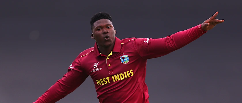 Ashmead Nedd of West Indies celebrates bowling Beckham Wheeler-Greenall of New Zealand during the ICC U19 Cricket World Super League Cup Quarter Final match between West Indies and New Zealand at Willowmoore Park on January 29, 2020 in Benoni.