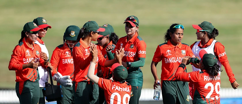 Bangladesh celebrate the wicket of Nida Dar of Pakistan during the 2022 ICC Women's Cricket World Cup match between Pakistan and Bangladesh at Seddon Park on March 14, 2022 in Hamilton, New Zealand.