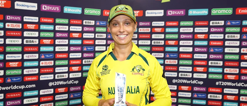 Ashleigh Gardner of Australia poses after being named Player of the Match following the ICC Women's T20 World Cup group A match between Australia and New Zealand at Boland Park on February 11, 2023 in Paarl, South Africa.