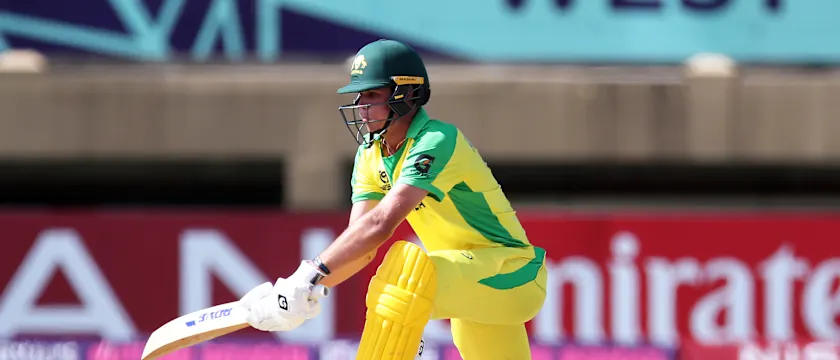 Teague Wyllie of Australia plays a shot during the ICC U19 Men's Cricket World Cup match between West Indies and Australia at Providence Stadium on January 14, 2022 in Georgetown, Guyana.