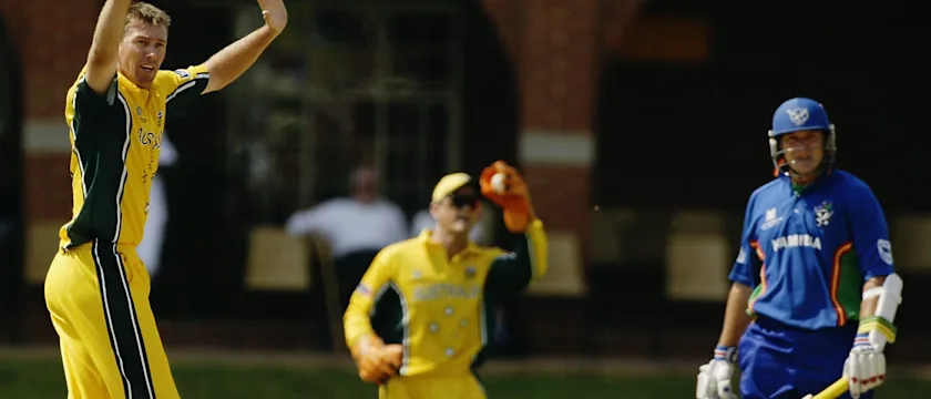 56260 Glenn McGrath of Australia claims the wicket of Morne Karg of Namibia