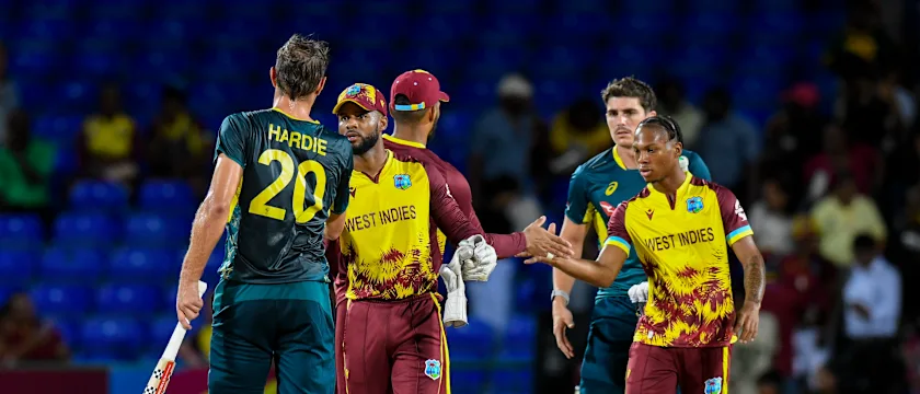 Shai Hope congratulates Aaron Hardie after the final T20I