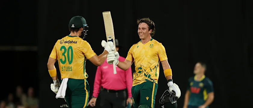 Dewald Brevis celebrates after his century