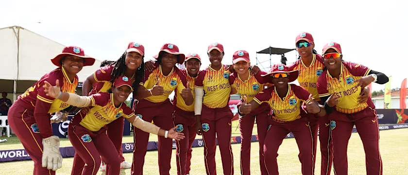 Players of West Indies pose for a photo during the ICC Women's U19 T20 World Cup 2023 match between West Indies and Indonesia at North-West University Oval on January 17, 2023 in Potchefstroom, South Africa.