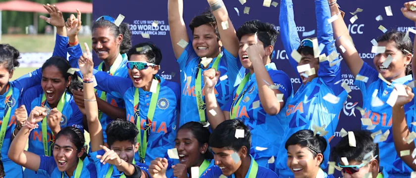 Shafali Verma of India lifts the ICC Women's U19 T20 World Cup Trophy following the ICC Women's U19 T20 World Cup 2023 Final match between India and England at JB Marks Oval on January 29, 2023 in Potchefstroom, South Africa.
