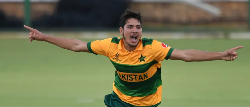 Amir Khan of Pakistan celebrates the wicket of Tanzid Hasan of Bangladesh during the ICC U19 Cricket World Cup Group C match between Pakistan and Bangladesh at JB Marks Oval on January 24, 2020 in Potchefstroom, South Africa.