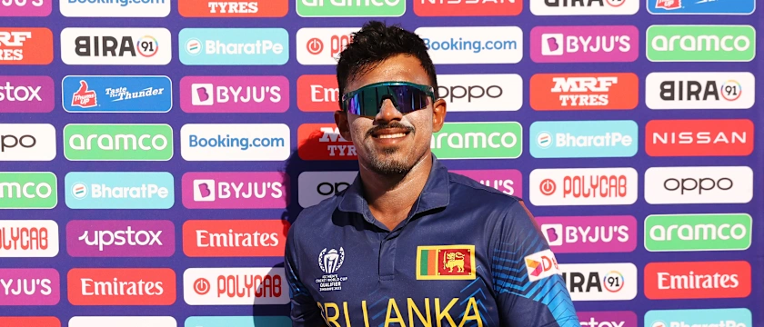 Mahesh Theekshana of Sri Lanka poses for a photo with the Player of the Match award after the team's victory in the ICC Men's Cricket World Cup Qualifier Zimbabwe 2023 match between the Sri Lanka and Scotland at Queen’s Sports Club on June 27, 2023.