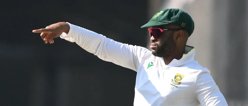 South Africa's captain Temba Bavuma gestures during the fifth day of the second Test cricket match between India and South Africa 