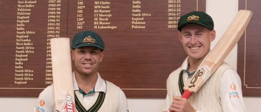 Warner and teammate Marnus Labuschagne have their names added to the Adelaide Oval honour board