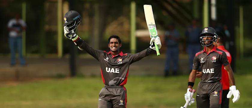 Jonathon Figy of UAE celebrates his century during the ICC U19 Cricket World Cup Group D match between UAE and Canada at Mangaung Oval on January 18, 2020 in Bloemfontein, South Africa.