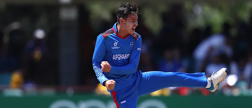 Noor Ahmad Lakanwal of Afghanistan celebrates bowling Bryce Parsons of South Africa for LBW during the ICC U19 Cricket World Cup Group D match between South Africa and Afghanistan at De Beers Diamond Oval on January 17, 2020 in Kimberley, South Africa.