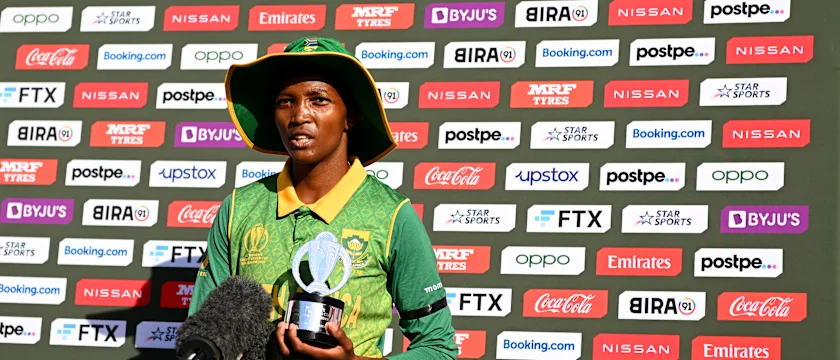 Player of the Match Ayabonga Khaka of South Africa speaks to the media after her team's victory during the 2022 ICC Women's Cricket World Cup match between Bangladesh and South Africa at University Oval on March 05, 2022 in Dunedin, New Zealand.